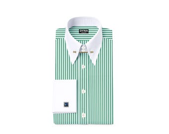 Men's Green Bengal Stripe Dress Shirt | Gold Pin High Collar, French Cuffs, Giza Cotton