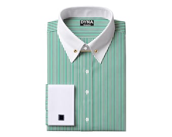 Men's Green Stripe Giza Cotton Dress Shirt | White Pin Collar, French Cuffs