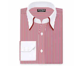 Red Stripe Giza Cotton Dress Shirt | High Double Collar, Two Button Angled Cuffs (Made To Order)