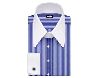 Camicia elegante in cotone a righe blu Bengal / Camicia a collo alto Spearpoint / Polsini alla francese / Realizzata su ordinazione