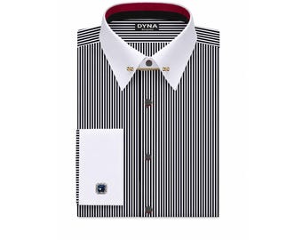 Luxury Cotton Black Stripe Dress Shirt, Pin Collar, French Cuffs, Tailor Made To Order