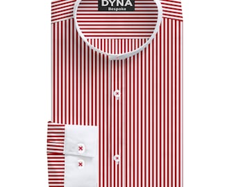 Herrskjorta med rödvit randig bomullskrage – Mandarinkrage, casual designertopp