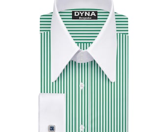 Luxury Green Striped Giza Cotton Dress Shirt | High Collar|French Cuff|Bespoke Formal Wear
