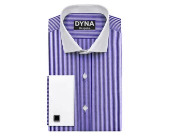 Blue Stripe Giza Cotton Dress Shirt | Wide Spread Collar, French Cuff, Bespoke Formal Wear