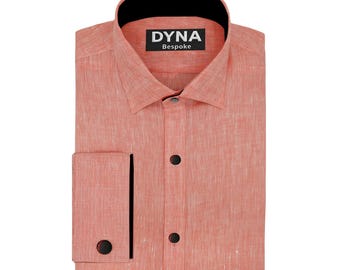 Camisa de vestir de lino color melocotón para hombre / Cuello de contraste negro, puños cuadrados, cuello extendido