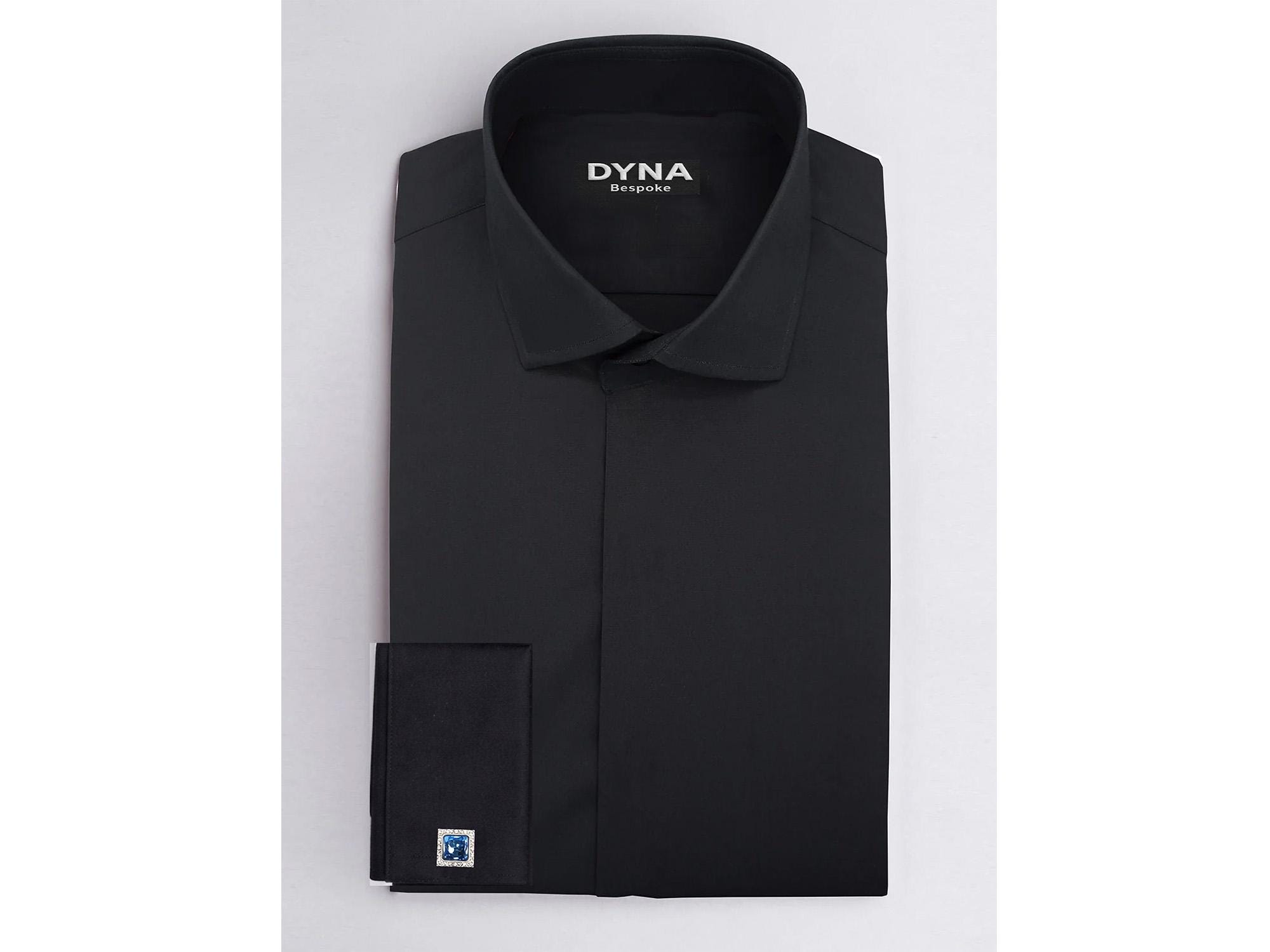Men's Black Cotton Dress Shirt | Hidden Placket, French Cuffs, Spread Collar