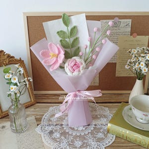 Knitted bouquet – tulips, roses, snowberries & seasonal leaves - | Birthday, wedding bouquet, anniversary, gift for women