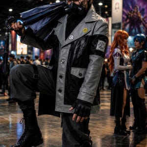 May include: A cosplay outfit featuring a black and grey jacket with buttons, a black respirator mask, dark grey cargo trousers, black combat boots, and fingerless gloves. The ensemble includes a blue umbrella and a large spear-like prop weapon.