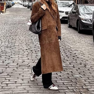 Chocolate Brown Suede Leather Trench Coat: 90s Maxi Overcoat