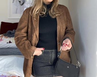 Oversized suède blazer jaren 90: lang bruin leren damesjack