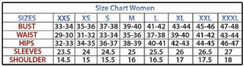 May include: A size chart for women's clothing, with measurements for bust, waist, hips, sleeves, and shoulder. Sizes range from XXS to XXXL, with measurements in inches. The chart is labeled "Size Chart Women".