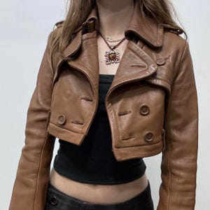 Women Brown Cropped Jacket real Leather Jacket Handmade Single Breasted Jacket Sheepskin Jacket Streetwear Jacket Short Body Biker Jacket