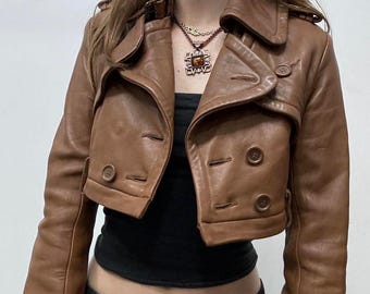Vintage Cropped Sheepskin Leather Jacket: Women's Double-Breasted Biker Style Gifts For Womens