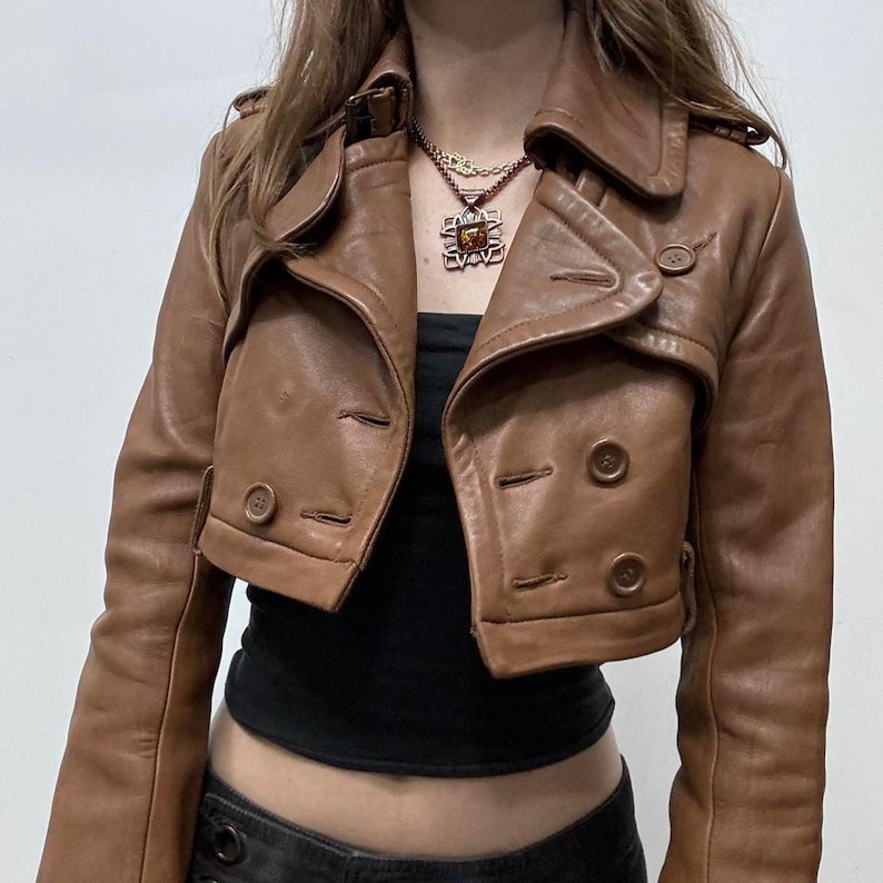 Women Brown Cropped Jacket real Leather Jacket Handmade Single Breasted Jacket Sheepskin Jacket Streetwear Jacket Short Body Biker Jacket