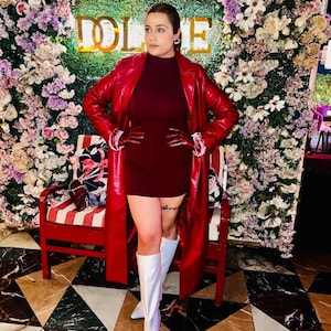 Frauen Rot Echtleder Trenchcoat 1970er Jahre Langer Mantel Handgefertigtes Schaffell Kultiger Mantel Streetwear Outwear Winter Mantel