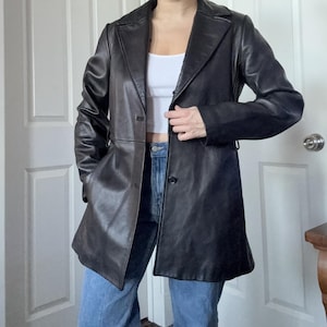Vintage Black Leather Blazer Women’s Real Leather Jacket 90s Minimalist Trench Coat Retro Stylish Outerwear Gift For Her
