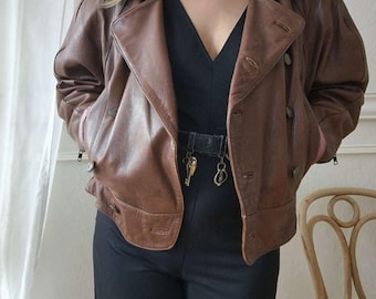 Vintage 80s Brown Leather Cropped Jacket - Oversized Double-Breasted Coat