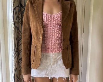 Women’s Brown Suede Blazer Jacket | Genuine Suede Leather Fitted Coat | Vintage Style Classic Jacket Gifts For Women