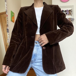 Dark Brown Corduroy Velvet Blazer Women, Tailored 90s Sport Coat with Patch Pockets , Single‑Breasted Fall Layering Jacket Gifts For Her