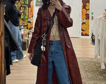 Vintage Style 90s Burgundy Leather Trench Coat: Oversized Unisex Overcoat