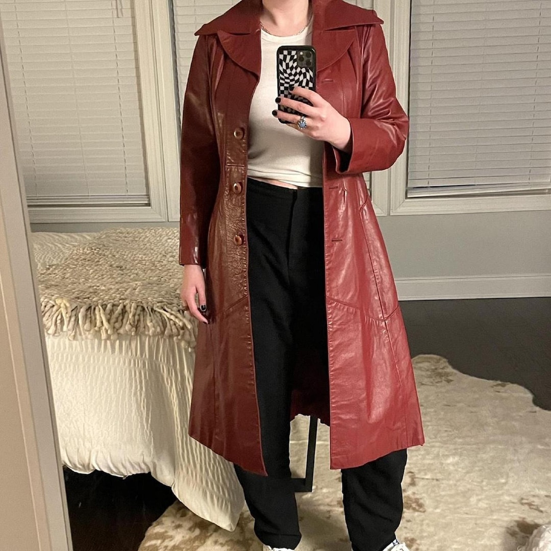 Vintage Red Leather Trench Coat: 70s Longline Jacket - Etsy