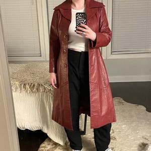 Vintage Red Leather Trench Coat: 70s Longline Jacket