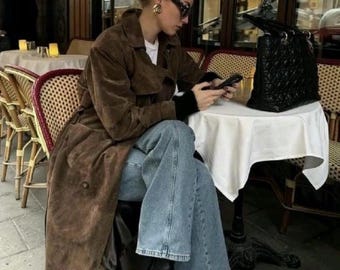 Brown Suede Trench Coat Women, Genuine Leather Belted Overcoat