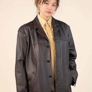 Real Leather Jacket Vintage 90s Minimalist Blazer Black Long Coat Womens Outerwear Trench Style Retro Festival Indie Fashion Look