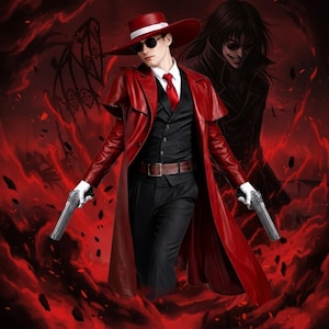 Può includere: Un completo di trench coat, cappello e cravatta in pelle rossa. L'outfit include un gilet nero, pantaloni e occhiali da sole. La persona tiene in mano due pistole d'argento. Una figura oscura è sullo sfondo.