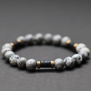 Bracelet homme en jaspe gris : bracelet en pierres de lave et perles d&#39;hématite