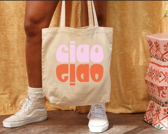 Bolso de mano de algodón Ciao Graphic, bolso de mano de lona, bolso de mano negro, bolso de mano beige, bolso de mano de lona para uso diario, bolso de mano tipo shopper.