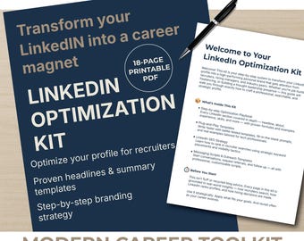 May include: A dark blue PDF guide titled "LinkedIn Optimization Kit" with the text "Transform your LinkedIn into a career magnet." A black pen rests on the guide. The guide promises to optimize profiles for recruiters and provides step-by-step branding strategies.