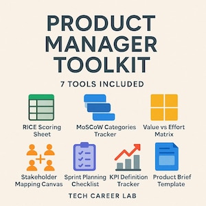 Peut inclure: Graphique d'une boîte à outils de chef de produit avec sept outils, dont la feuille de notation RICE, le suivi des catégories MoSCoW et la matrice valeur/effort. Autres outils : Stakeholder Mapping Canvas, Sprint Planning Checklist, KPI Definition Tracker, et Product Brief Template. Texte : TECH CAREER LAB.
