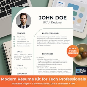 UX/UI Designer | Modern Tech Resume Template  | Canva CV + Cover Letter + Bonus Guide