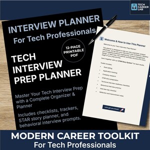 Op de afbeelding: Een zwart-witte interviewvoorbereidingsplanner voor techneuten. De planner bevat checklists, trackers en STAR-verhaalaanwijzingen. Een pen ligt op de planner, en een apart blad beschrijft hoe de planner te gebruiken.