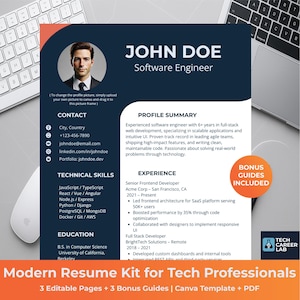 May include: A modern resume kit for tech professionals. The navy blue and white resume template includes 3 editable pages and 3 bonus guides. The resume features a photo, contact info, technical skills, and experience.