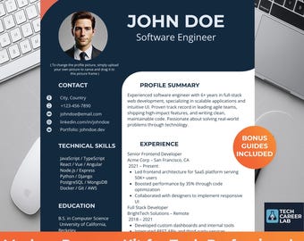 Software Engineer | Modern Tech Resume Template  | Canva CV + Cover Letter + Bonus Guide