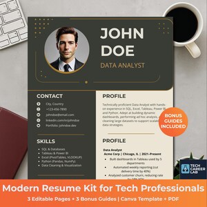 May include: A modern resume kit for tech professionals. The design features a headshot, contact information, skills, and a professional profile. The resume template includes bonus guides and is a Canva template and PDF.