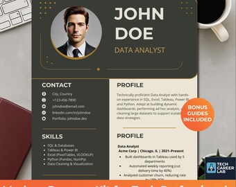 Data Analyst | Modern Tech Resume Template  | Canva CV + Cover Letter + Bonus Guide