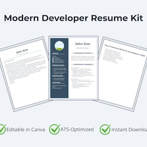 May include: A modern developer resume kit with three resume templates. The resumes are white with blue accents and include the text "John Doe" and "Top In-Demand Skills for Developers in 2025". The kit is editable in Canva, ATS-optimized, and available for instant download.