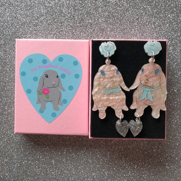 Mr and Mrs Lop in Love - Dangle Earrings Laser Cut Handmade Earrings Pink Lop Bunnies