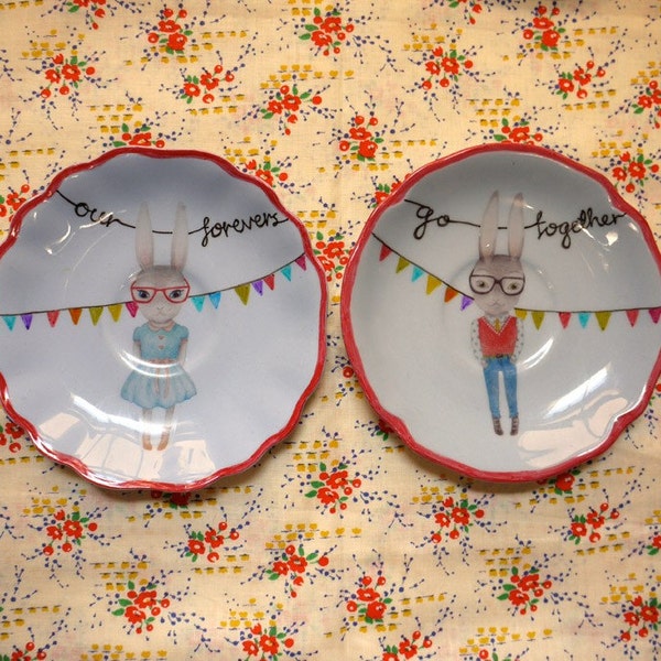 Our Forevers Go Together Bunnies Scalloped Edge Pair of Vintage Illustrated Plates