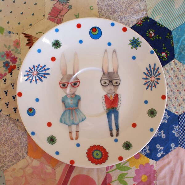 Hipster Bunnies with Retro Spots Vintage Illustrated Plate