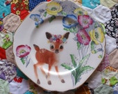 Flower Deer in a Poppy Field Vintage Illustrated Plate