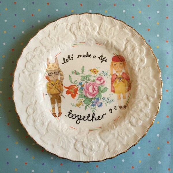 Moonrise Kingdom Bunnies Lets Make a Life Together Vintage Illustrated Feature Plate