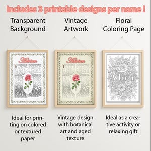 May include: Three printable designs featuring the name "Adrian". The first design is a vintage style with a pink rose and text on a cream background. The second design is a black and white floral coloring page. The third design is a transparent background with a pink rose and text.