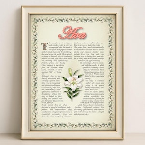 Ava Name Meaning Print – Vintage Floral Art, Etymology, Numerology & Saint, Personal Wall Decor, Instant Digital Download (PDF)
