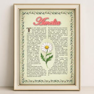 Amelia Name Meaning Print – Vintage Floral Art, Etymology, Numerology & Saint, Personal Wall Decor, Instant Digital Download (PDF)