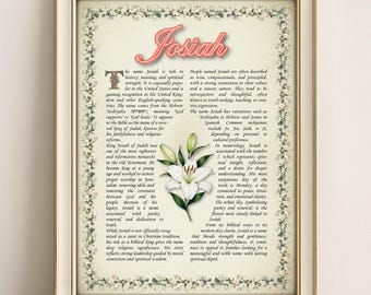 Josiah Name Meaning Vintage Floral Print: Personalized Wall Art (PDF)