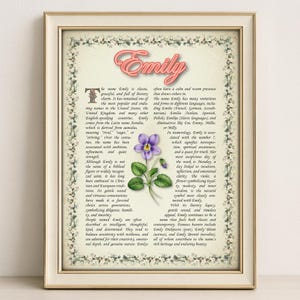 Emily Name Meaning Print – Vintage Floral Art, Etymology, Numerology & Saint, Personal Wall Decor, Instant Digital Download (PDF)